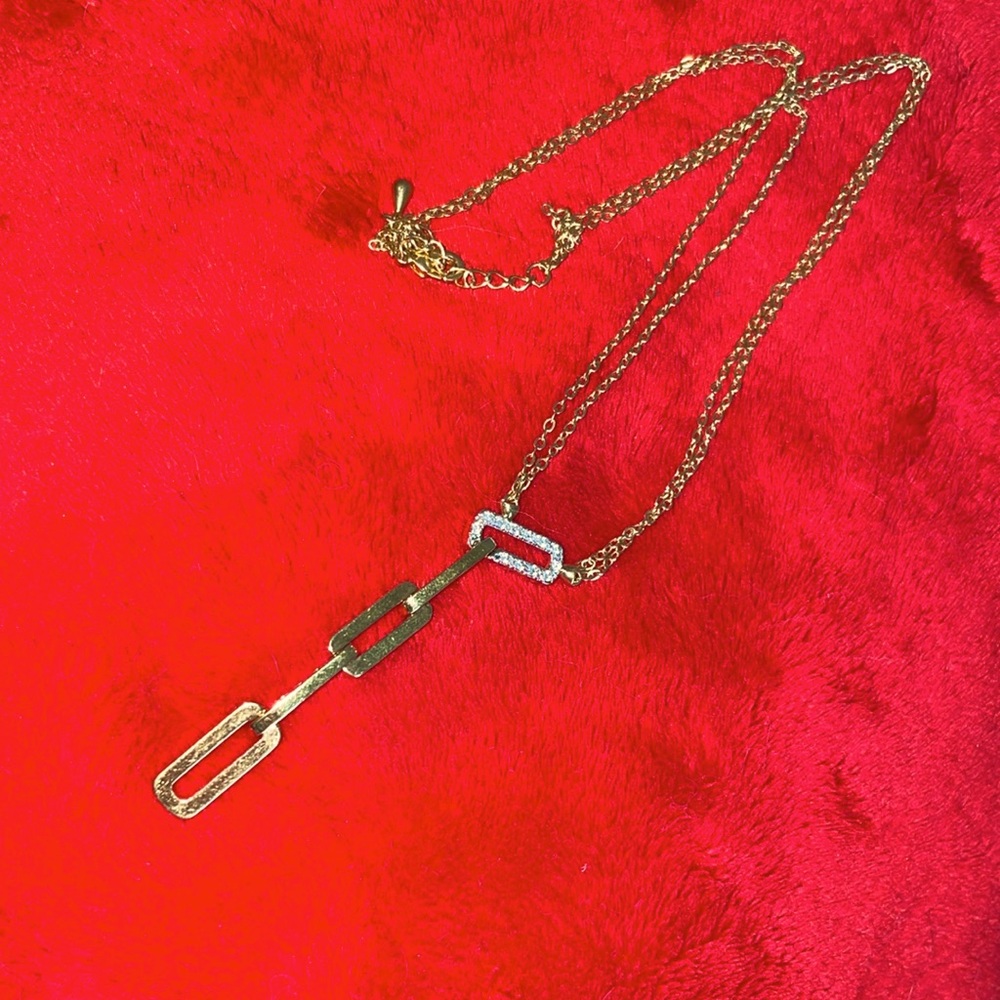Delicate Jeweled Pave Drop Pendant Multi Chain Statement Charm Necklace Goldtone